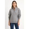 Üç İplik Dık Yaka Yarım Fermuarlı SweatShirt - Gri