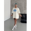 Unisex Bisiklet Yaka Baskılı Oversize T-Shirt - Beyaz