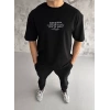 Unisex Bisiklet Yaka Baskılı Oversize T-Shirt - Siyah