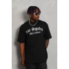 Unisex Oversize Baskılı Bisiklet Yaka T-Shirt - Siyah