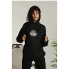 Unisex Sırt Baskılı Kapüşonlu Üç İplik Oversize Sweatshirt - Siyah