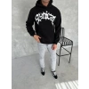 Unisex Üç İplik Kapşonlu Baskılı SweatShirt - Siyah