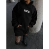 Uzun Kol Kapşonlu Göğüs Baskılı SweatShirt - Siyah