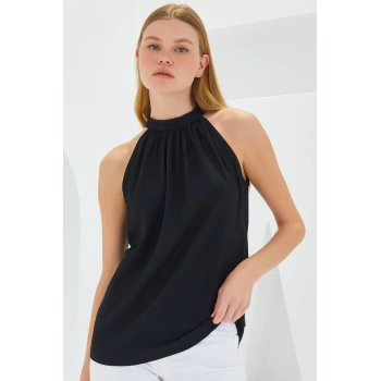 0489 Halter Yaka Örme Bluz - Siyah