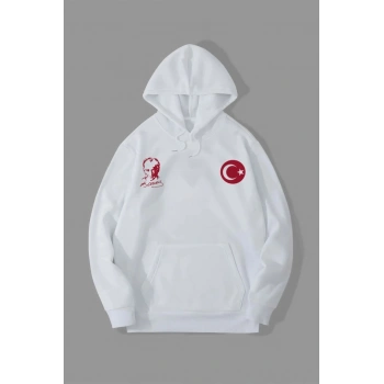 10 Kasıma Özel Üç İplik Kapşonlu Baskılı SweatShirt - Beyaz