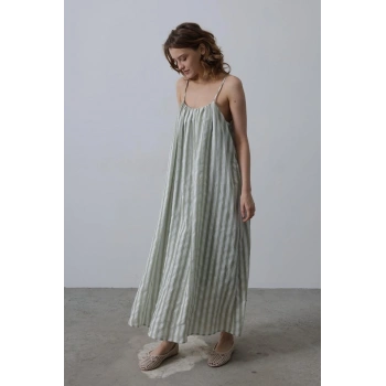 Askılı Çizgi Desen Elbise - Haki