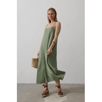 Askılı Uzun Çan Elbise - Haki
