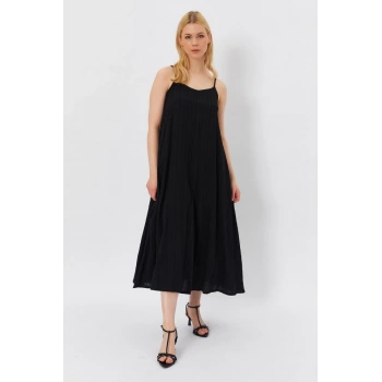 Askılı Uzun Çan Elbise - Siyah