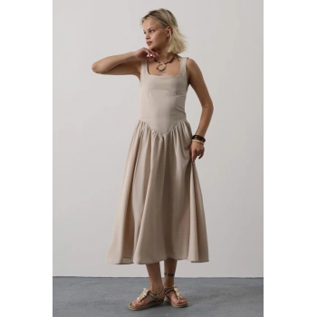 Askılı Uzun Elbise - Taş