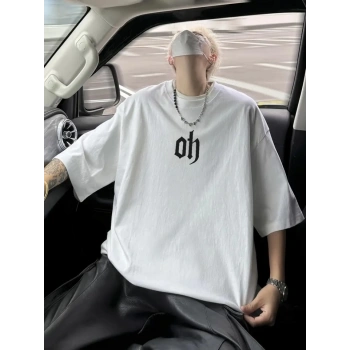 Baskılı Oversize Bisiklet Yaka T-shirt - Beyaz