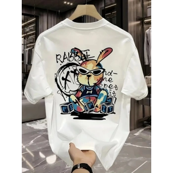 Baskılı Oversize Bisiklet Yaka T-shirt - Beyaz