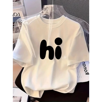 Baskılı Oversize Bisiklet Yaka T-shirt - Beyaz