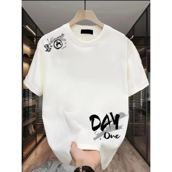 Baskılı Oversize Bisiklet Yaka T-shirt - Beyaz