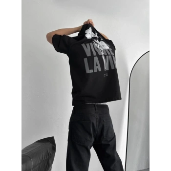 Baskılı Oversize Bisiklet Yaka T-shirt - Siyah