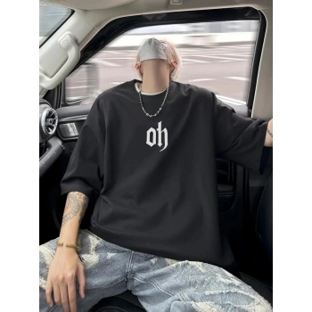 Baskılı Oversize Bisiklet Yaka T-shirt - Siyah