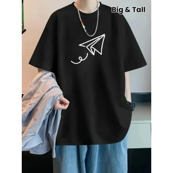 Baskılı Oversize Bisiklet Yaka T-shirt - Siyah