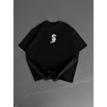 Baskılı Oversize Bisiklet Yaka T-shirt - Siyah