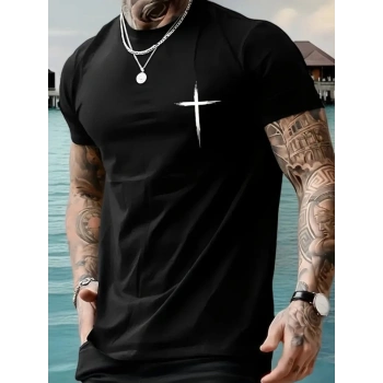 Baskılı Oversize Bisiklet Yaka T-shirt - Siyah