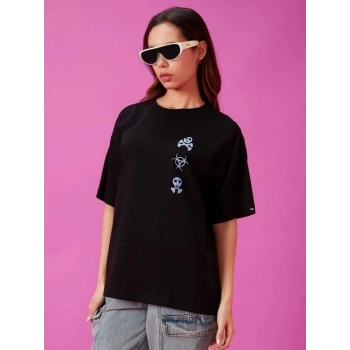 Baskılı Oversize T-shirt - Siyah