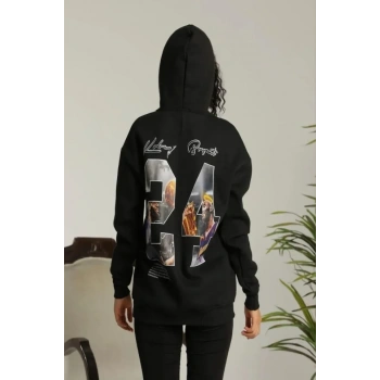 Baskılı Oversize Üç İplik Kapüşonlu Sweatshirt - Siyah