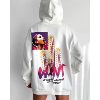 Baskılı Üç İplik Kapüşonlu Oversize Sweatshirt - Beyaz