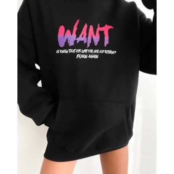 Baskılı Üç İplik Kapüşonlu Oversize Sweatshirt - Siyah