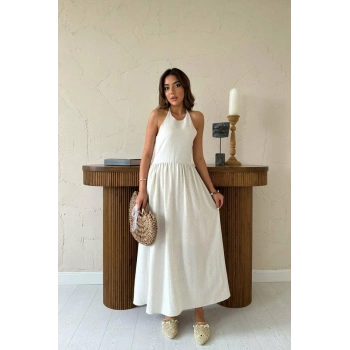 Bej Arkası Gipeli Keten Elbise