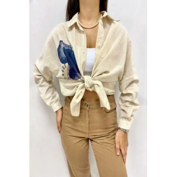 Bej Taş İşlemeli Keten Gömlek