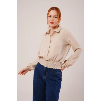 Bel Ve Bilek Lastikli Bej Bluz