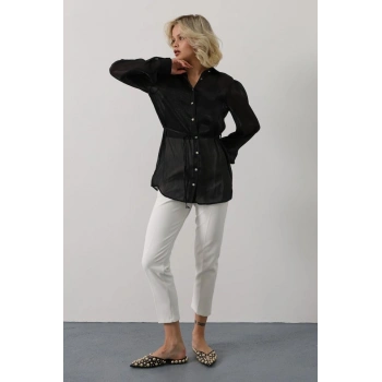 Belden Bağlamalı Uzun Kol Gömlek - Siyah