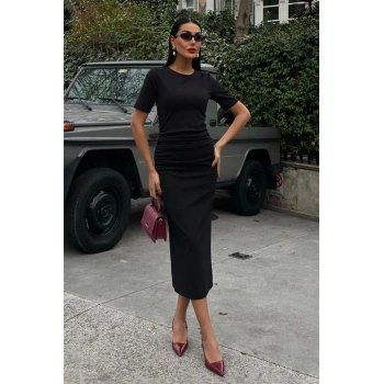 Beli Büzgülü Midi Elbise 2853