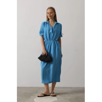 Beli Lastikli Elbise - Mavi