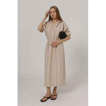 Beli Lastikli Elbise - Taş