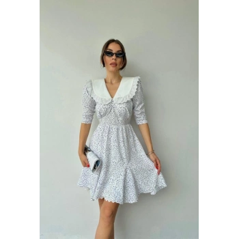 Beyaz Puantiyeli Önlük Yaka Elbise