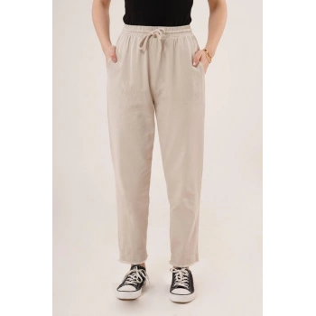 Cepli Belden Bağlamalı Paça Detaylı Krem Pantolon