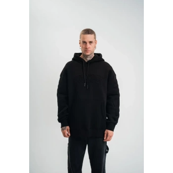 Double Oversize Kapşonlu Nakışlı SweatShirt - Siyah