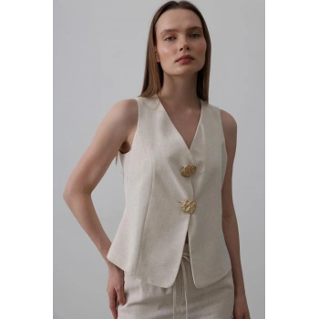 Düğme Detaylı Yelek - Krem
