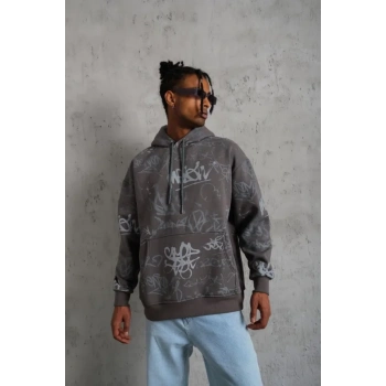 Erkek Baskılı Kapüşonlu Ribanalı Sweat - Gri