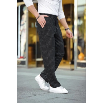Erkek Cizgili Dokuma Krep Jogger Buggy Pantalon Rahat Kalıp - Siyah