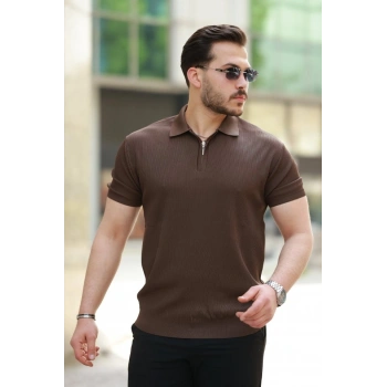 Erkek Fermuarlı Yakalı Kısa Kollu Tshirt