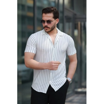 Erkek Kısa Kollu Gri çizgi Desenli örme Kumaş Pamuklu Gömlek