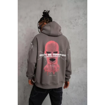 Erkek Maske Baskılı Kapüşonlu Sweat - Gri