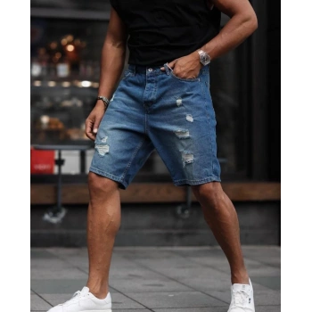 Erkek Mavi Yırtık Detaylı Şort