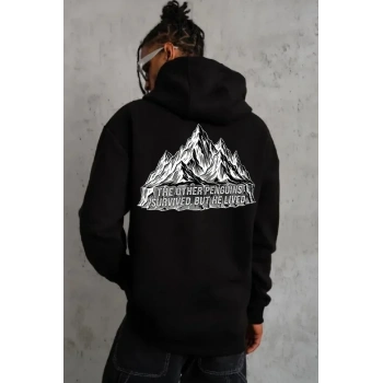 Erkek Nihilist Penguen Temalı Oversize Kapüşonlu Sweatshirt - Siyah