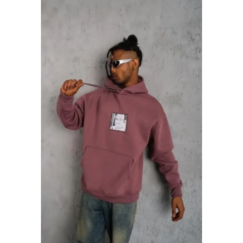 Erkek Ön Arka Baskılı Kapşonlu Sweat - Gül Kurusu