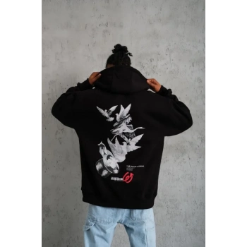 Erkek Şapkalı Güvercin Baskılı Kapşonlu Sweat - Siyah