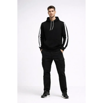 Erkek Şeritli Kapüşonlu Sweatshirt Oversize 3 Iplik Pamuklu - Siyah