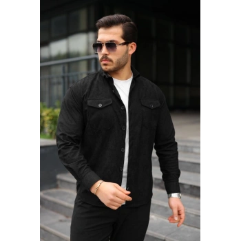Erkek Uzun Kollu Cepli Kadife Gömlek