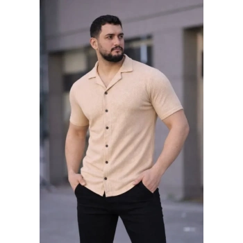 Erkek Waffle Kumaş Kısa Kollu Düğmeli Açık Yaka Regular Fit Gömlek - Bej