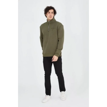 Erkek Yarım Fermuarlı Baskılı Sweat - Yeşil
